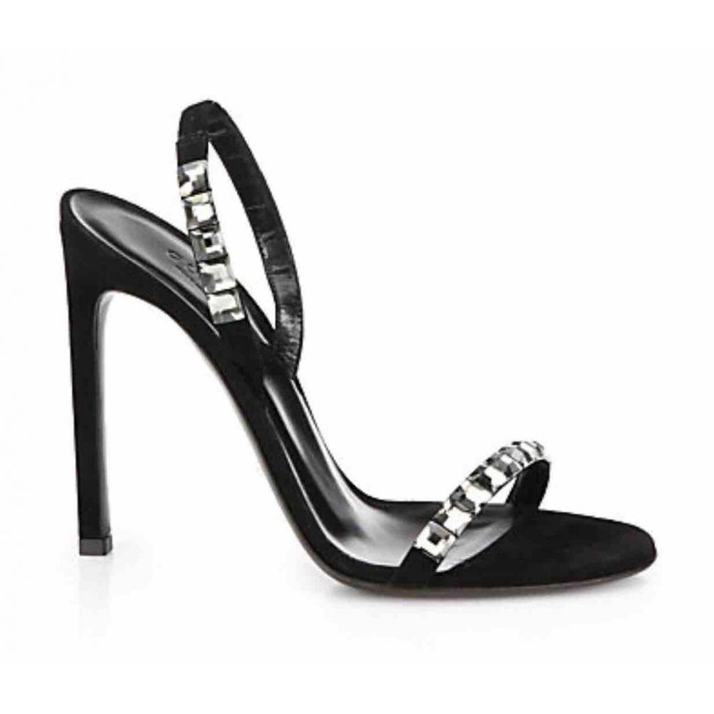GUCCI Mallory Slingback Black Suede Evening Sandal Embellished With Crystals